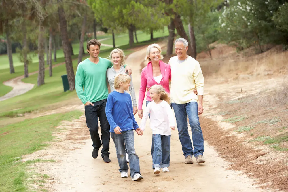 family walking on a path